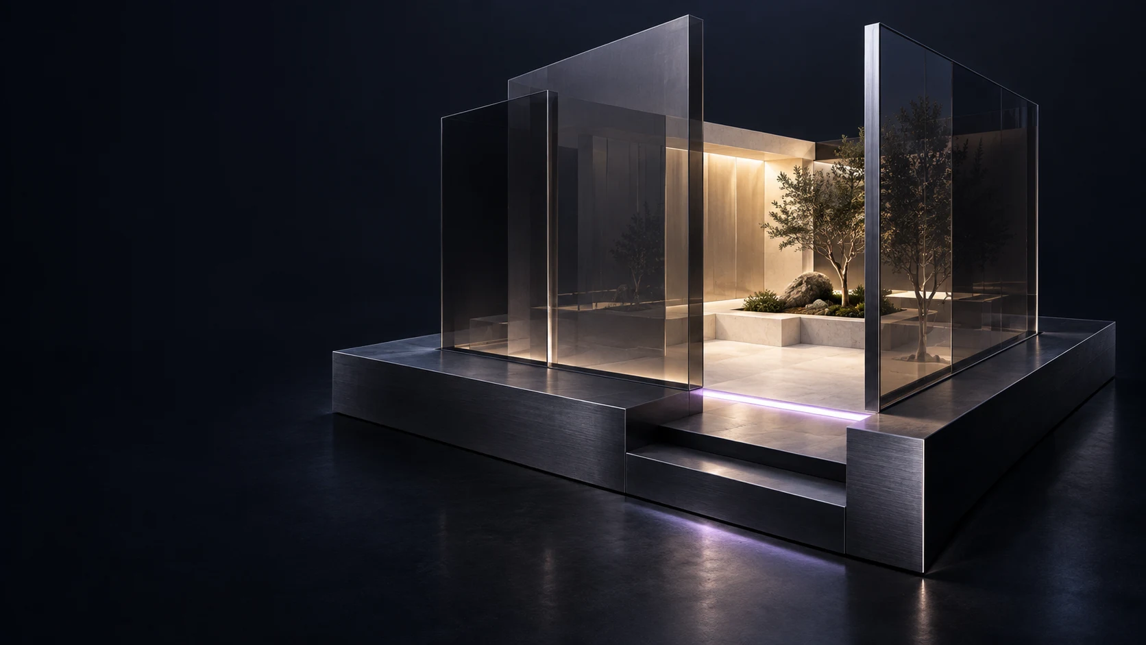 A luminous interior held within glass and graphite boundaries, an architectural metaphor for owner control.